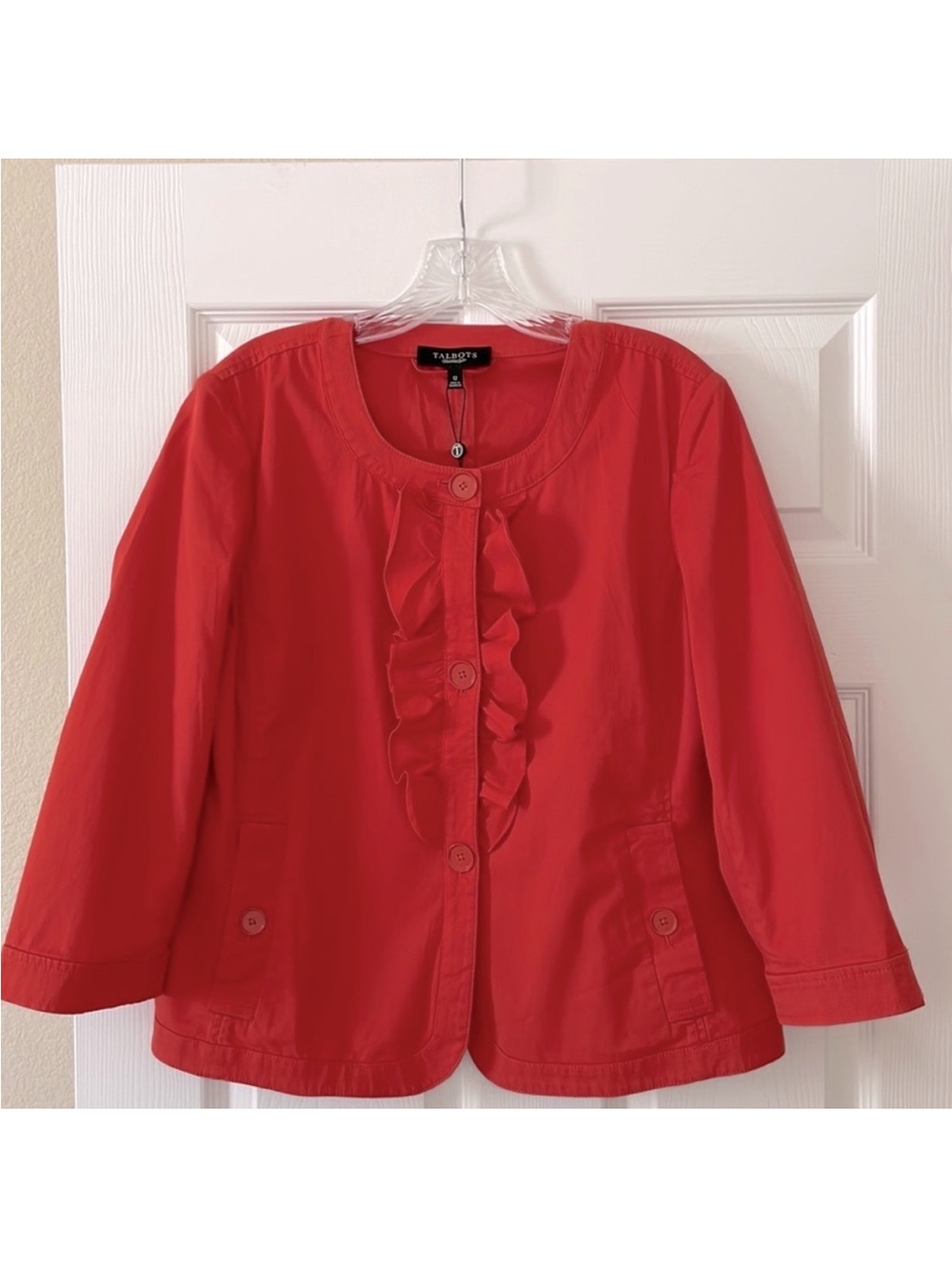 TALBOTS 98% COTTON CORAL RED COLOR JACKET / BLAZER WHIT RUFFLES